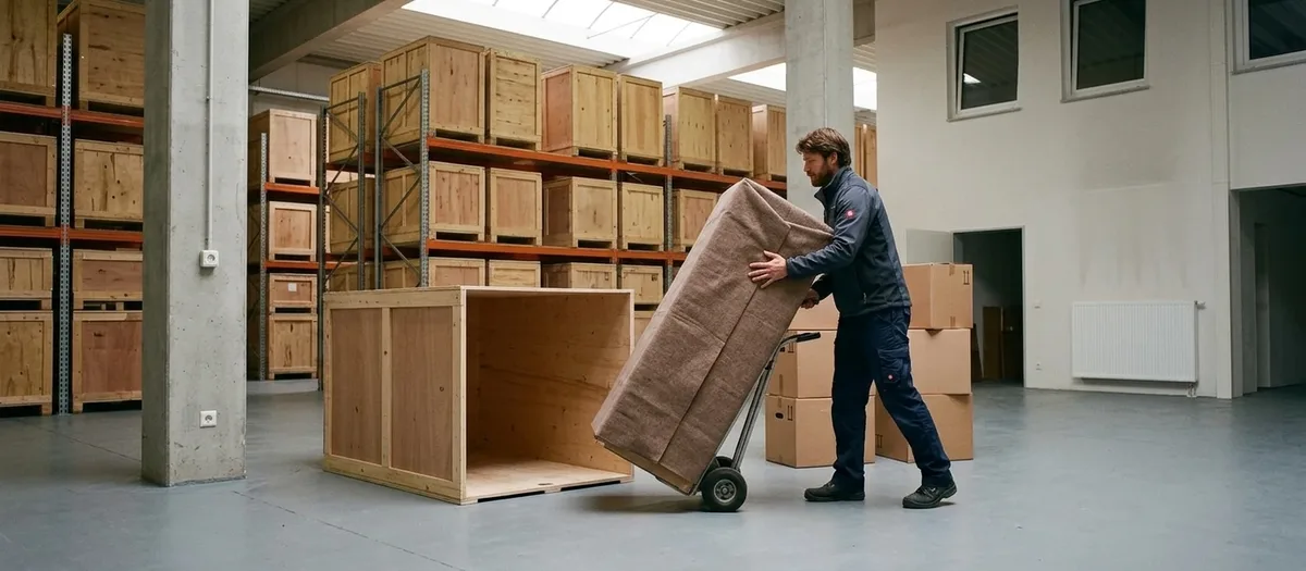 Lagerhalle mit hölzernen Lagerboxen im Stahlregal, ein Mitarbeiter schiebt einen eingepackten Teppich auf der Sackkarre in eine offene Box