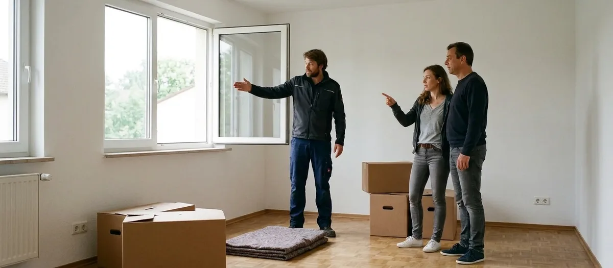 Ein Mitarbeiter in Arbeitskleidung zeigt einem Paar in einem fast leeren Zimmer, wohin die Möbel sollen, offene Kartons stehen auf dem Parkett