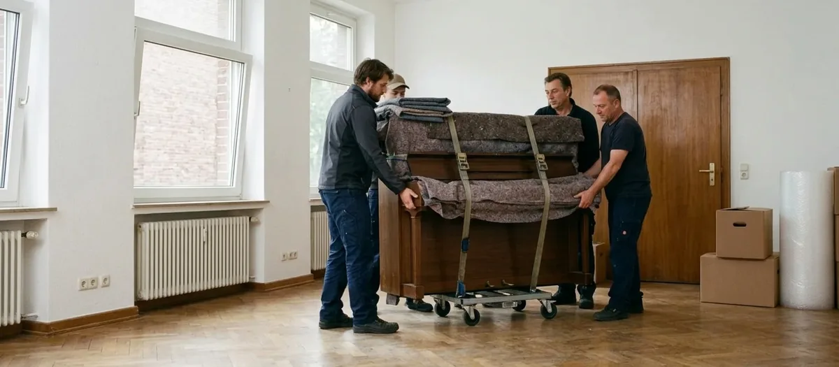 Ein dick gepolstertes Klavier steht auf dem Rollbrett, vier Männer halten es an den Spanngurten fest