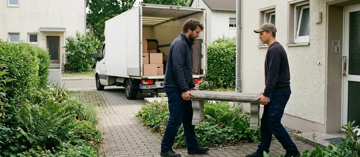 Zwei Mitarbeiter tragen eine Steinbank am Kofferwagen vorbei über den Plattenweg zwischen den Beeten