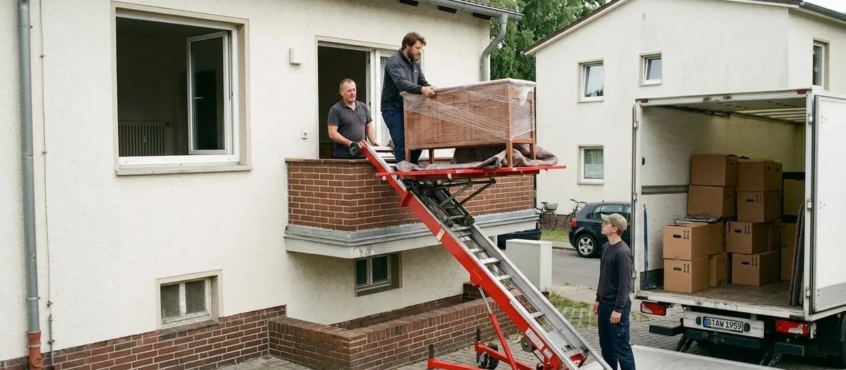 Möbellift an der Hausfassade hebt ein foliertes Möbelstück zum Obergeschoss, zwei Männer nehmen es oben in Empfang
