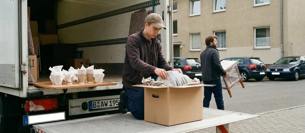 Umzugshelfer kniet auf der Ladebordwand des Transporters und packt Teller in einen Umzugskarton, daneben liegt eingewickeltes Geschirr