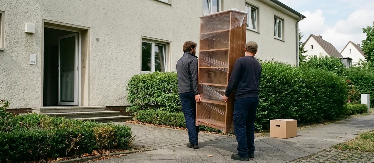 Zwei Männer in dunkler Arbeitskleidung tragen ein foliertes Regal an einer Hecke entlang zum Hauseingang