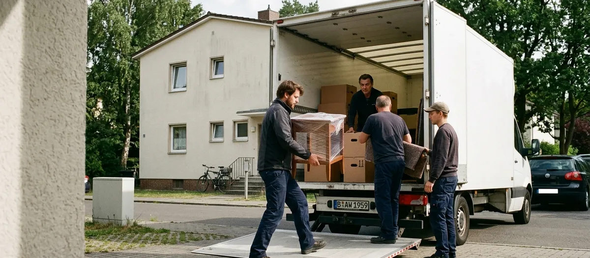 Vier Männer beladen einen weißen Kofferwagen vor einem Wohnhaus, ein foliertes Möbelstück und mehrere Kartons stehen auf der Ladebordwand