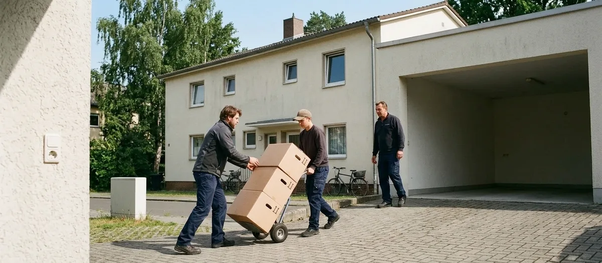 Zwei Helfer schieben eine Sackkarre mit drei gestapelten Kartons über das Pflaster zu einem offenen Carport, ein dritter Mann wartet dort