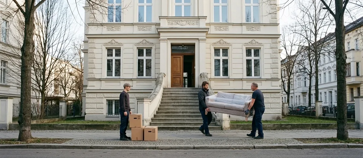 Zwei Träger bringen ein foliertes Sofa die Freitreppe eines Stuckhauses herunter, ein dritter Mann steht bei gestapelten Kartons am Gehweg