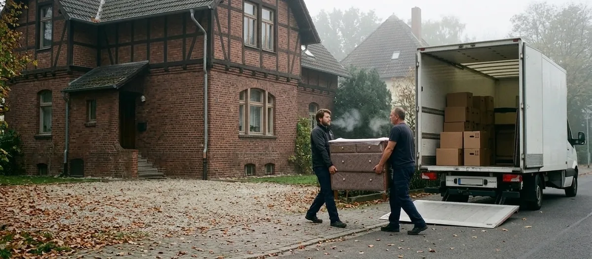 Nebliger Herbstmorgen, zwei Träger bringen eine gepolsterte Kommode vom Klinkerhaus über den Laubweg zur Rampe des Kofferwagens