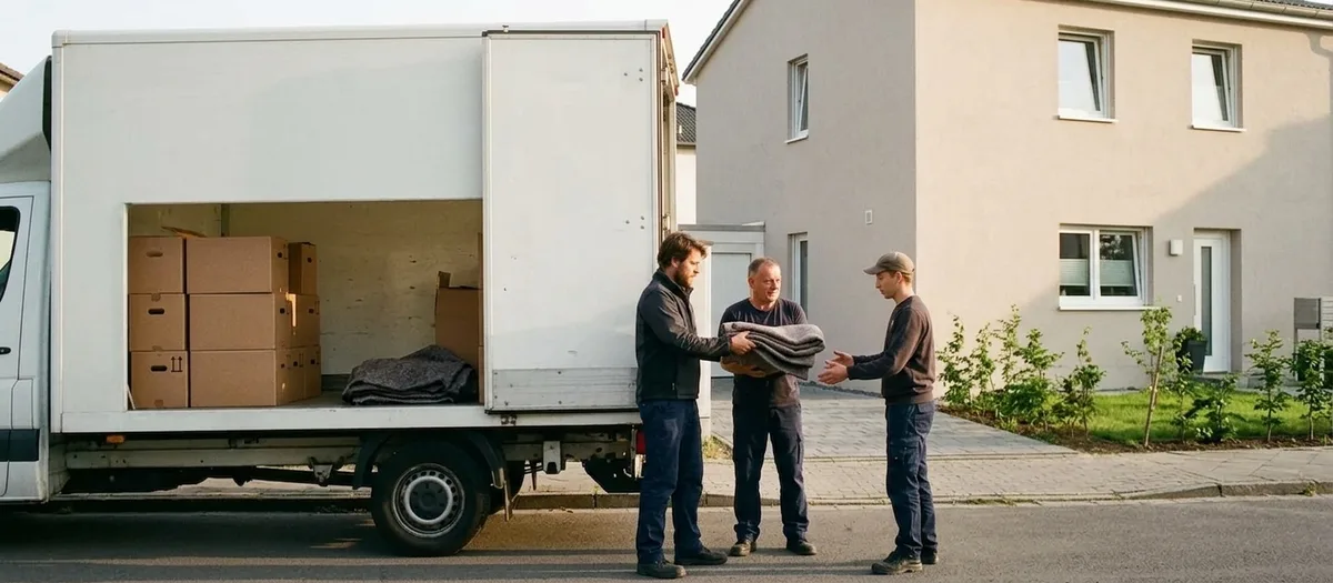 Kofferwagen mit geöffneter Seitenwand vor einem hellen Neubau, drei Männer reichen sich eine zusammengelegte Umzugsdecke an