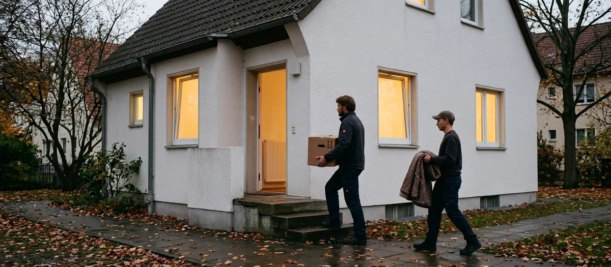 Abenddämmerung vor einem weiß verputzten Haus mit erleuchteten Fenstern, ein Helfer trägt einen Karton die Stufen hoch, ein zweiter folgt mit einer Decke