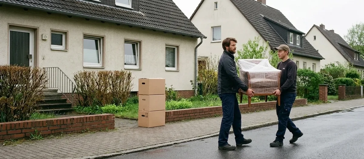 Zwei Träger bringen einen in Folie gepackten Sessel über die regennasse Straße einer Wohnsiedlung, drei Kartons stehen an der niedrigen Gartenmauer
